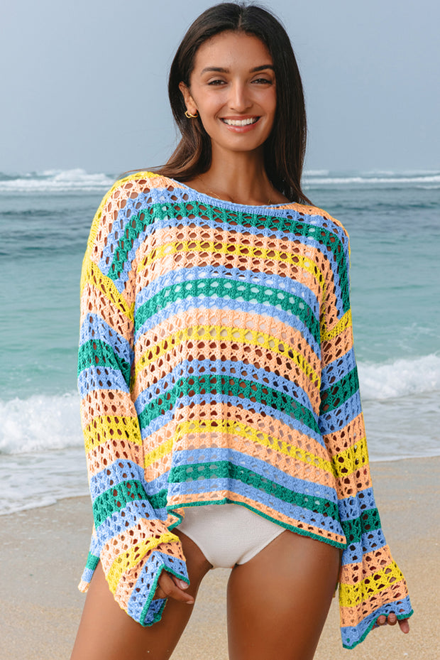 Striped Open Knit Sweater Beach Cover Up