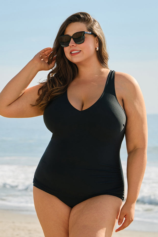 Black Solid Color U Neck Padded Plus Size One Piece Swimsuit