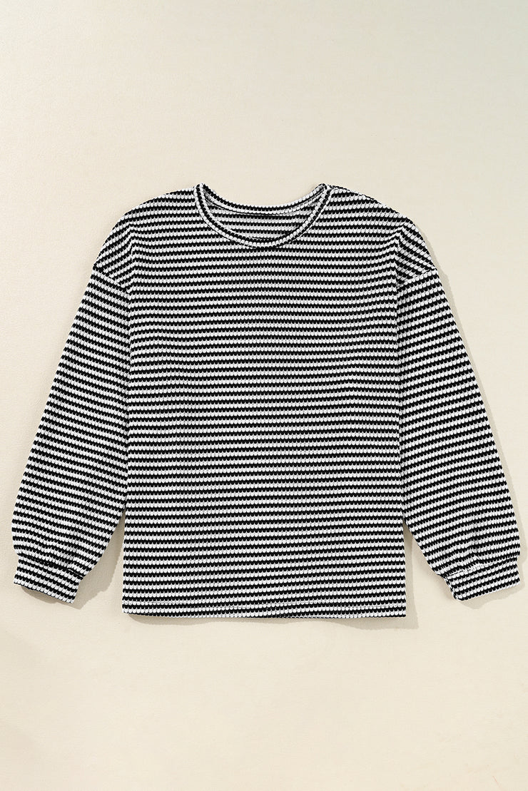 Black Stripe Drop Shoulder Puff Long Sleeve O Neck Plus Size T Shirt