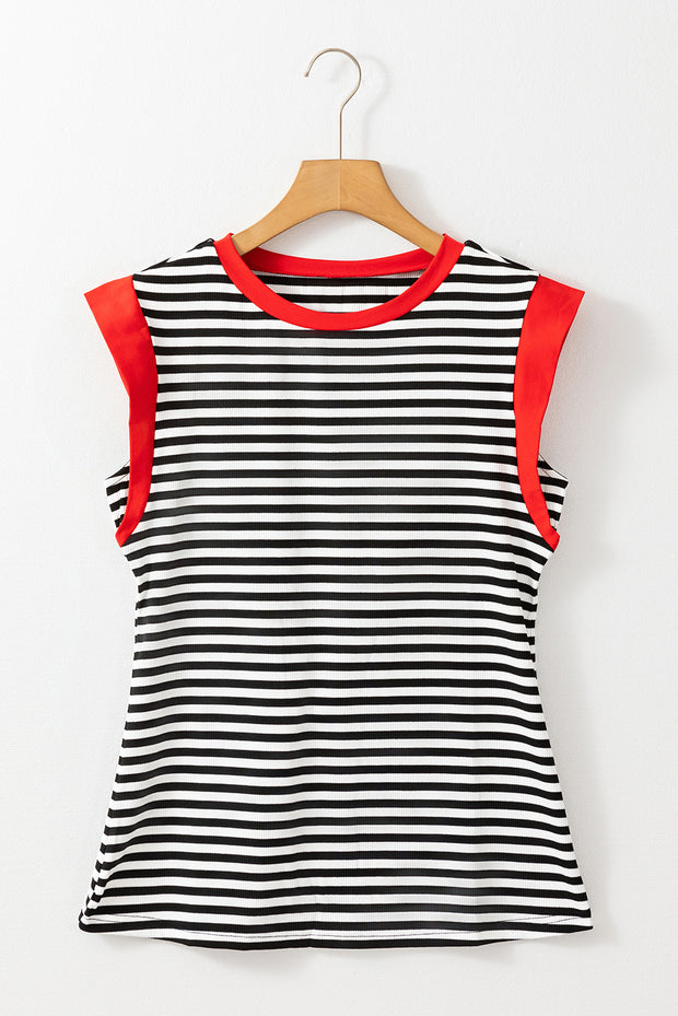 Black Stripe Colorblock Edge Round Neck Tank Top