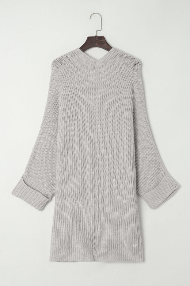 Gray Oversized Fold Over Sleeve Open Front Sweater